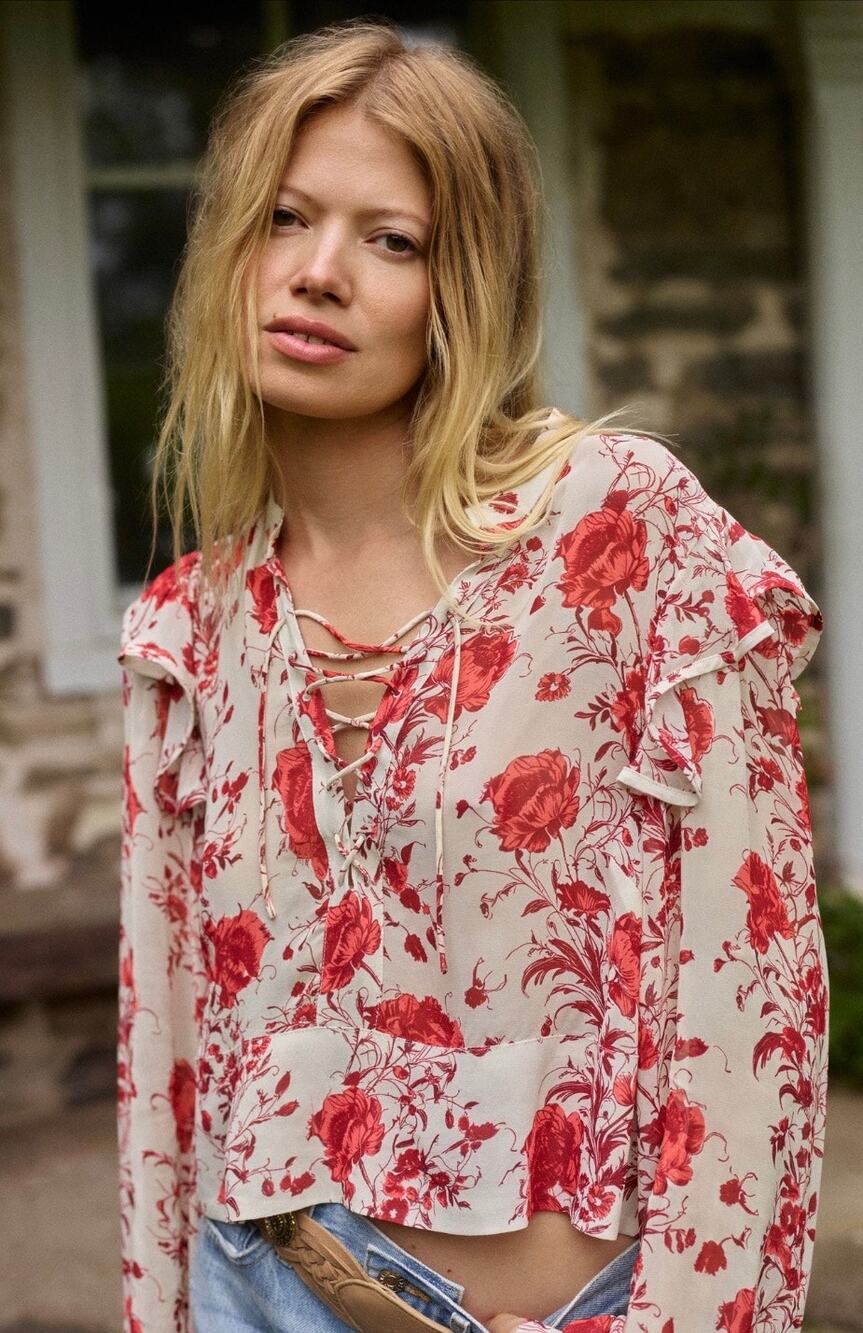 Anthropologie Maeve Long Sleeve Pink Floral Ruffled Sheer Blouse size Large
